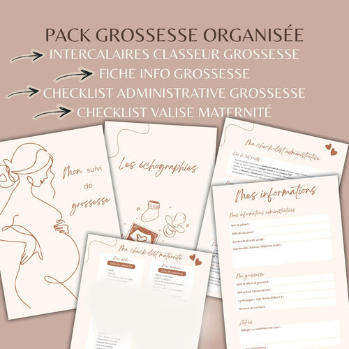 Pack grossesse organisé avec intercalaires, fiche d’informations et checklists imprimables